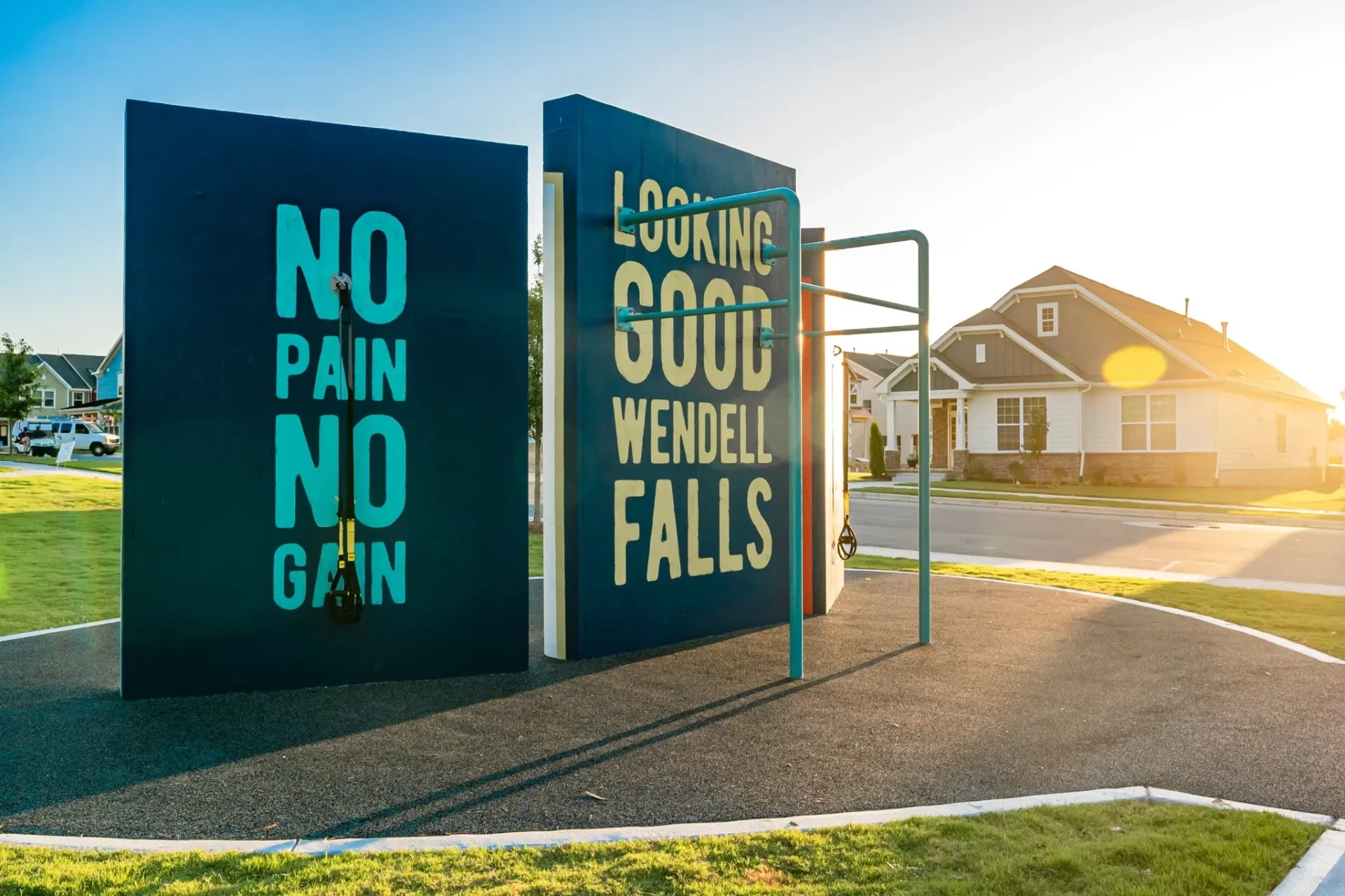 The Wendell Falls outdoor fitness pod at sunrise